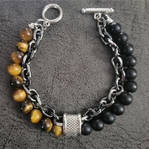 Tigers eye and onyx layered chain and gemstone beaded bracelet